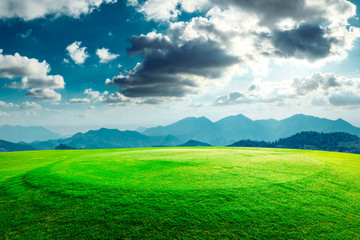 Green grass and mountain natural landscape.