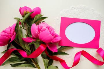 postcard mockup. delicate bouquet of pink peonies and space for text. greeting card. invitation