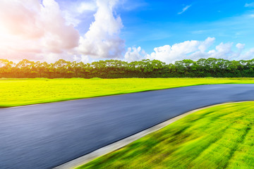 Fast moving asphalt road and green forest landscape.
