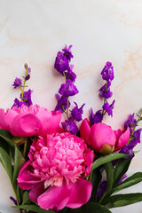 postcard mockup. delicate bouquet of pink peonies and space for text. greeting card. invitation