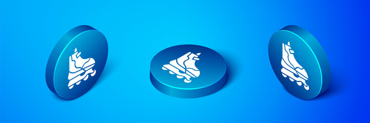 Isometric Roller skate icon isolated on blue background. Blue circle button. Vector Illustration