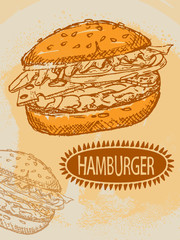 vector sketch of a hamburger on a stained orange background. menu, flyer, ticket, poster design