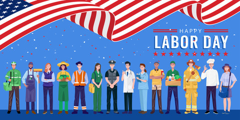 Happy Labor Day. Various occupations people standing with American flag. Vector