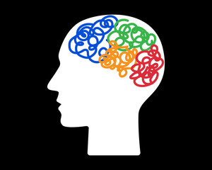 Silhouette man with brain. Confused thought Of the human brain. Sign mind human. Isolated symbol on black background. Stock vector illustration