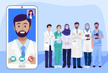 Digital health concept, Illustration of doctors and nurse using a smart phone for consulting patient online, Vector