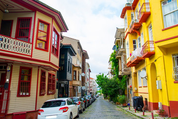 Fototapeta na wymiar Historical, Old, Colorful Houses in Kuzguncuk, classic Ottoman wooden architecture in Kuzguncuk ,Istanbul, Turkey.