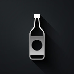 Silver Beer bottle icon isolated on black background. Long shadow style. Vector Illustration