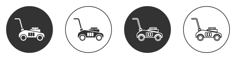 Black Lawn mower icon isolated on white background. Lawn mower cutting grass. Circle button. Vector Illustration