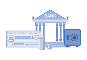 Bank institution vector, building in classic style with columns, flat style isolated banking service, check and strongbox keeping financial assets