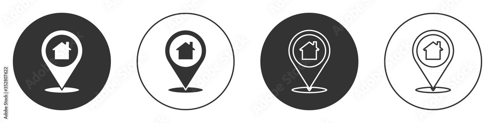 Poster black map pointer with house icon isolated on white background. home location marker symbol. circle 