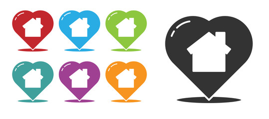 Black House with heart shape icon isolated on white background. Love home symbol. Family, real estate and realty. Set icons colorful. Vector Illustration