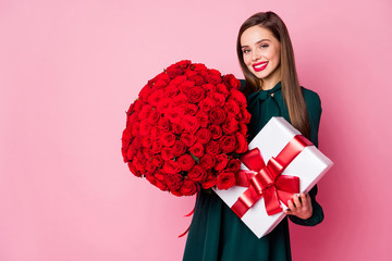 Photo of attractive pretty wonderful charming nice glad with tothy smile lady holding huge bouquet in hands and large box with box isolated over pastel color background - Powered by Adobe