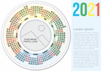 Calendar 2021. Colorful round calendar 2021. Calendar Template. Week Starts Monday. Planned for 2021 Year.