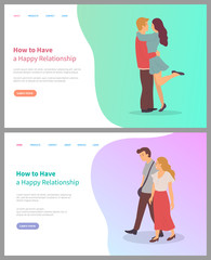 How to have happy relationship, embracing male and female, smiling couple or friends together, side view of man and woman, people feelings vector. Website or webpage template, landing page flat style