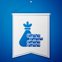 Blue Money bag and coin icon isolated on blue background. Dollar or USD symbol. Cash Banking currency sign. White pennant template. Vector Illustration