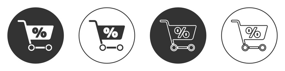 Black Shopping cart icon isolated on white background. Online buying concept. Delivery service sign. Supermarket basket symbol. Circle button. Vector Illustration