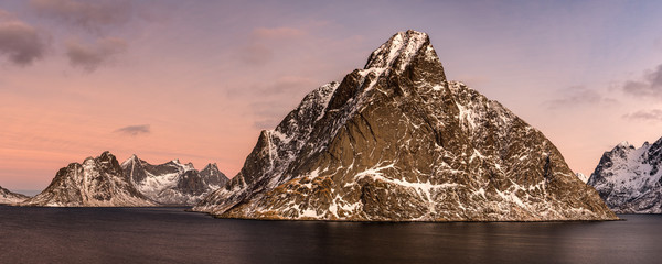 Sunset- Light Panorama of Mountains in the Ocean at the Lofoten Islands in Norway