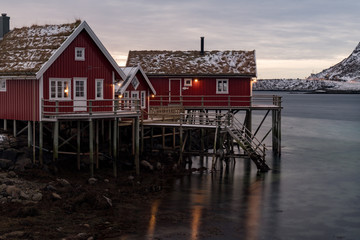 Red fishing huts at the Lofoten Islands, Norway