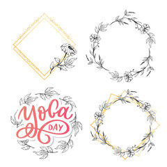 Lettering Yoga. Vector background International Yoga Day. Vector design for poster, T-shirts, bags. Yoga typography. Vector elements for labels, logos, icons, badges.