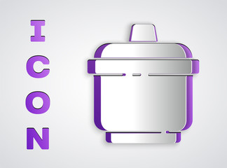 Paper cut Cooking pot icon isolated on grey background. Boil or stew food symbol. Paper art style. Vector Illustration