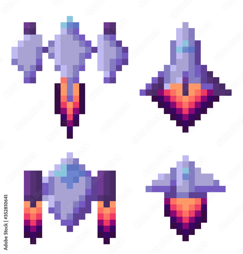 Poster pixel game vector, isolated set of spaceship run of fuel, outer space exploration, video gaming retr