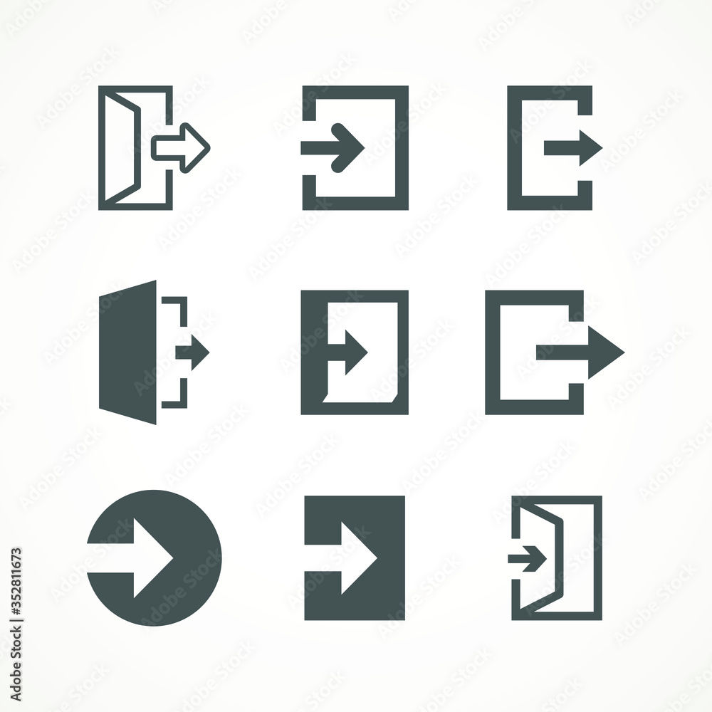 Poster emergency exit icons set vector logout and output, outlet, out symbol icon isolated of flat style sa