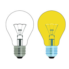 two incandescent light bulbs on and off on a white background