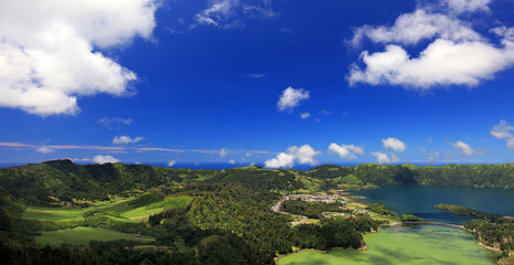 Picturesque view of Sete Cidades, a volcanic crater lake on Sao Miguel island, Azores, Portugal