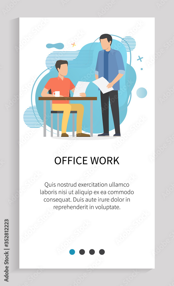 Poster office work vector, employer giving task to employee man standing with papers document with info on 