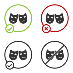 Black Comedy and tragedy theatrical masks icon isolated on white background. Circle button. Vector Illustration