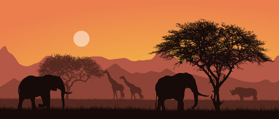 Fototapeta na wymiar Flat design illustration of african landscape with silhouettes of safari animals. Elephant and rhino under the trees. Grazing giraffes under the orange sky, vector