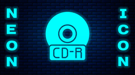 Glowing neon CD or DVD disk icon isolated on brick wall background. Compact disc sign. Vector Illustration