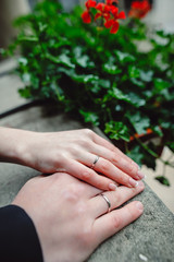 Wedding Rings Background. Bride and groom holding hands. Newlyweds couple in love at wedding day....