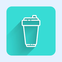White line Fitness shaker icon isolated with long shadow. Sports shaker bottle with lid for water and protein cocktails. Green square button. Vector Illustration