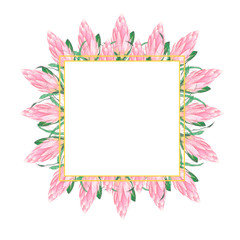 Fototapeta na wymiar Floral greeting frame with place for text. Square frame for decorations made of delicate pink protea flowers. Floral wedding design. Delicate botanical frame of protea buds.