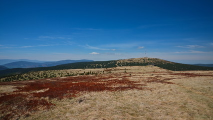 View of Petrovy Kameny and Praded transmitter tower in Jeseniky mountain ridge. Czech Republic