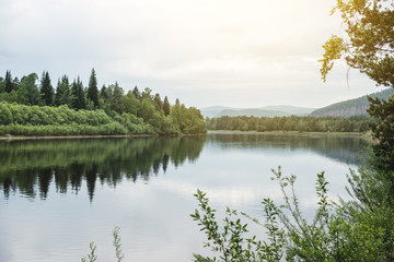 A landscape of dense green forest that is reflection in the river and hills. Majestic and beautiful Siberian nature
