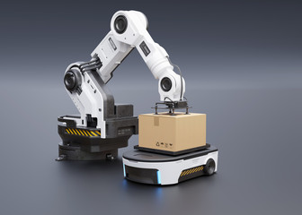 The robot arm picks up the box to AGV.