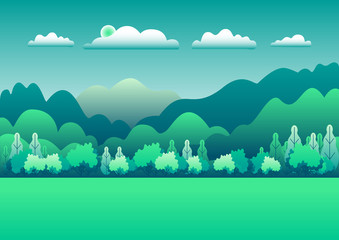 Hills and mountains landscape in flat style design. Beautiful green field with grass, meadow and sky. Rural location in the forest, trees. Cartoon illustration vector background