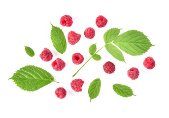 Top view of Raspberries and green leaf isolated on white background