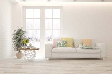 White living room with sofa. Scandinavian interior design. 3D illustration