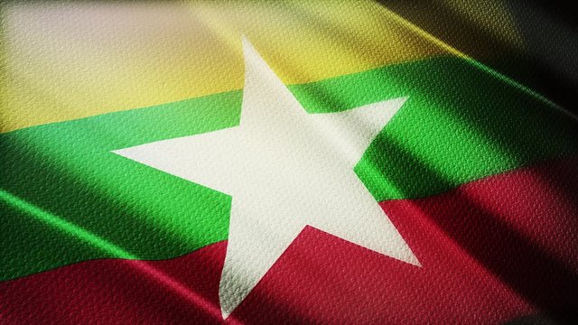4k Myanmar National flag slow waving with visible wrinkles in Burmese wind blue sky seamless loop background.A fully digital rendering;animation loops at 40 seconds;smooth texture.