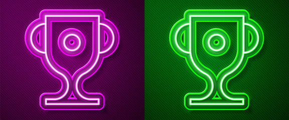 Glowing neon line Award cup icon isolated on purple and green background. Winner trophy symbol. Championship or competition trophy. Sports achievement sign. Vector Illustration