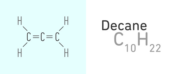 Decane (C10H22) gas molecule.Stick model. Structural Chemical Formula. Chemistry Education