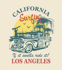 California typography for t-shirt print with surf,beach and retro Woody Car.Vintage poster.