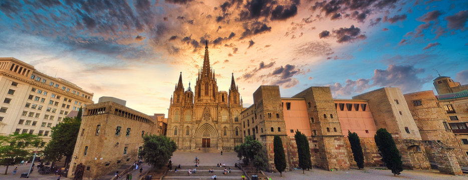 Panorama of Cathedral in Barcelona during Coronavirus pandemic. Barcelona.Catalonia,Spain