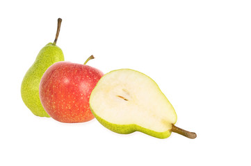 Half and whole juicy ripe pear and apple isolated on white background