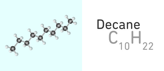 Decane (C10H22) gas molecule. Stick model. Structural Chemical Formula and Molecule Model. Chemistry Education