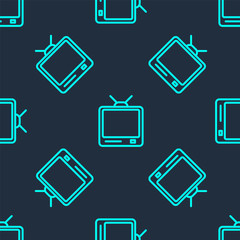 Green line Retro tv icon isolated seamless pattern on blue background. Television sign. Vector Illustration