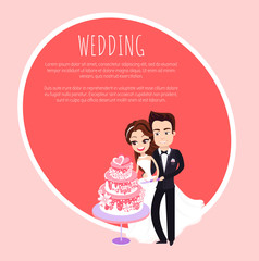 Smiling groom and bride holding knife, cutting wedding cake, portrait view of man and woman characters standing together, wedding pink postcard vector